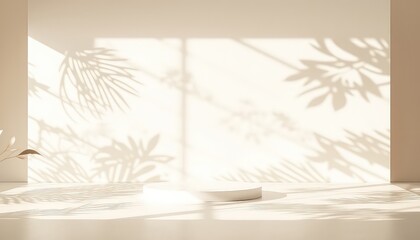 Sun-Drenched Minimalist Podium with Plant Shadows Creates a Warm and Inviting Aesthetic for Product Display or Design Mockups