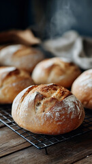 Freshly baked bread on cooling rack, warm and inviting
