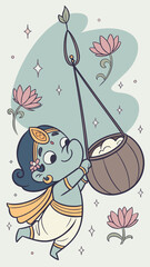 Adorable cartoon depiction of baby krishna reaching for a pot of butter hanging from a rope