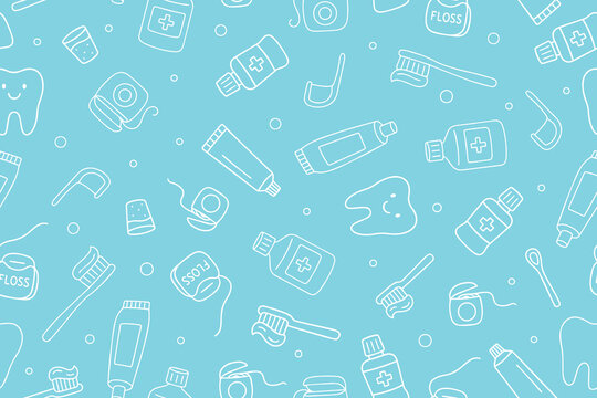 Seamless pattern of oral hygiene tools in doodle style. Oral care, healthcare concept. Hand drawn icons on blue background