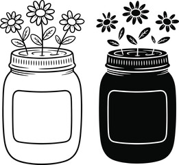 Two mason jars with flowers one filled with flowers one empty with petals falling