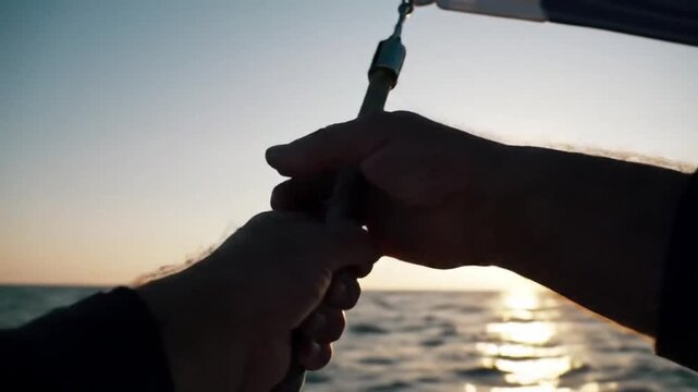 Captains hand at sunset sailing