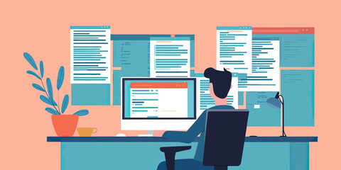 Programmer working on multiple screens with code and documents at modern desk setup in flat minimalist vector style for software development and web applications
