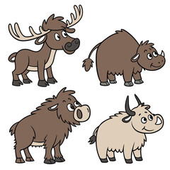 Moose, Elk, Yak, and Oxen Vector Animal Bundle – Strong Wild Mammals Cartoon Collection
