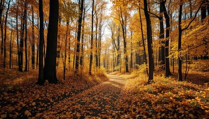 Obraz premium A Serene Path Through the Woods During the Autumn Season, With Trees Displaying Vibrant Golden Foliage and Fallen Leaves on the Ground