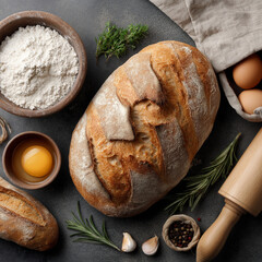 Freshly baked bread with ingredients and herbs