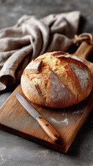 Freshly baked bread on wooden board with knife