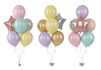 Assorted matte pastel latex and metallic foil balloons with satin ribbons, artfully arranged on a transparent background with high-key lighting, captured from a high angle, ready for a festive