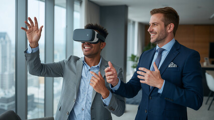 Man using VR headset to view apartment or house deal at property office while agent explains real estate offer 4k image