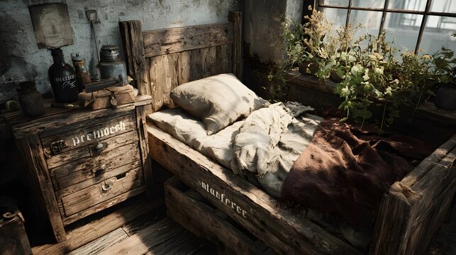Rustic wooden bed in a dimly lit room. - Powered by Adobe