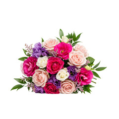A vibrant and lush bouquet of mixed roses and purple flowers with green leaves isolated on transparent background