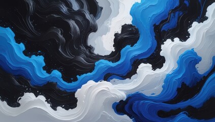 Abstract swirling waves of black blue and white ink creating a dynamic fluid motion background