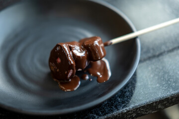 Marshmallow stick dipped in chocolate coating, on plate