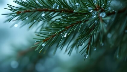 Obraz premium Evergreen boughs display delicate water droplets clinging to the needles, creating a refreshing and serene winter scene.
