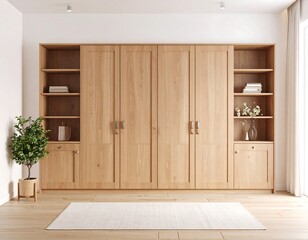 Light wood wall unit with shelves & cabinets, in a minimalist room setting