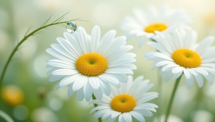 Delicate white flower blossoms with vibrant yellow centers in a soft focus arrangement, showcasing nature's beauty and simplicity