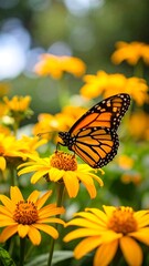 Obraz premium Monarch butterfly on bright yellow flowers