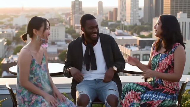 Group of Diverse Young Adults Enjoying Laughter and Conversation on Rooftop Terrace During Sunset
