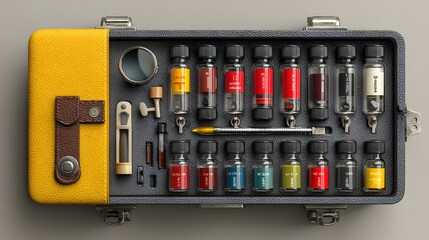 Vintage-style tool case filled with small bottles and instruments.