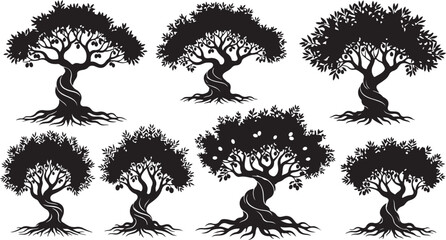 Collection of Black Silhouette Olive Trees with Fruits and Twisted Trunks white background