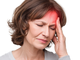 PNG of Middle-aged woman experiencing a headache, showing discomfort and distress with a hand on her forehead.