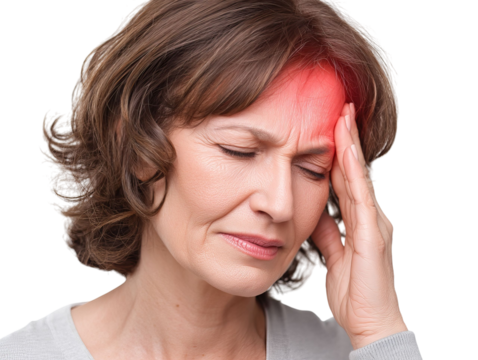 PNG of Middle-aged woman experiencing a headache, showing discomfort and distress with a hand on her forehead.