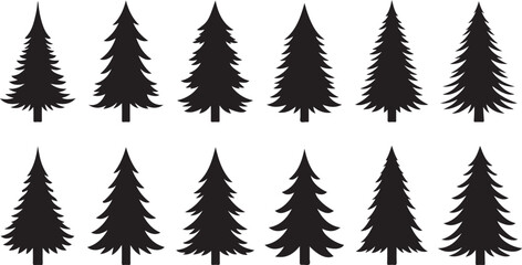 Obraz premium Set of Twelve Identical Black Silhouette Fir Trees on a White Background pine tree evergreen