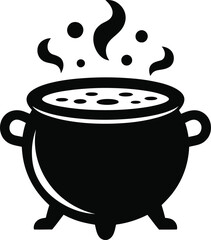 Black silhouette of a witchs cauldron with bubbling potion and steam