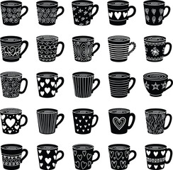 Obraz premium 5x5 Grid of Black Coffee Mug Silhouettes with White Decorative Patterns — A Minimalist Showcase of Artistic Variants Featuring Hearts, Stars, Stripes, and Swirls Celebrating Everyday Drinkware 
