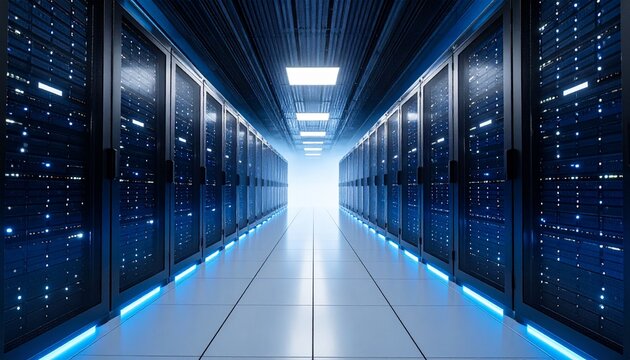 Futuristic data center corridor with glowing blue LED lights shining b