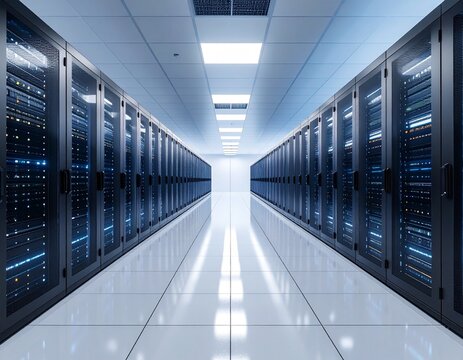 Modern data center showcasing rows of high-tech server racks and equip - Powered by Adobe
