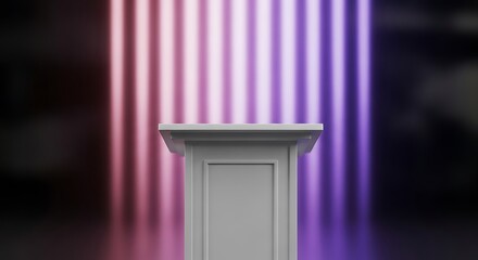 Presentation podium illuminated by vibrant red to violet gradient light streams backdrop