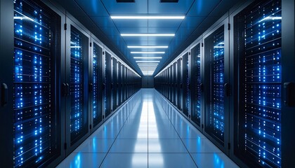 Fototapeta premium Illuminated data center corridor with high-tech server racks on displa