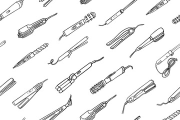 Seamless pattern of hairdresser tools in doodle style. Hair straightener, flat iron, curling iron, curling wand. Stylist. Beauty salon	