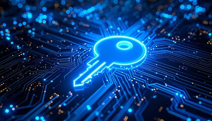 Digital key concept outlined in blue neon light on circuit board