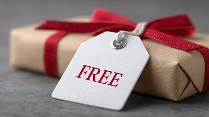 Free Gift Box with Red Ribbon and White Tag on Gray Background