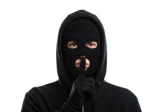 A person wearing a black balaclava and hoodie holding a finger to their lips in a shushing gesture isolated on transparent background - Powered by Adobe
