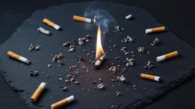 Smoldering cigarette stub burns intensely amidst scattered ash and cigarette butts on dark slate, creating a dramatic visual narrative of consumption and consequence.