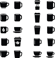 Grid of 20 Stylized Coffee Cup Icons in Black and White &mdash; Depicting Mugs, Saucers, Travel Cups, and Symbolic Variants like Beans and Flames to Celebrate Coffee Diversity, Functionality, and Ritual