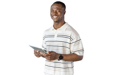 Smiling handsome african man holding and using tablet with social networks on a transparent background