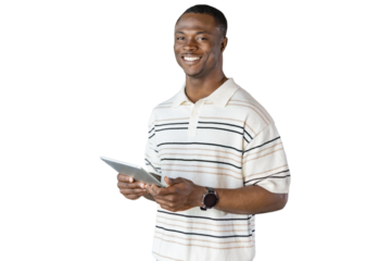 Smiling handsome african man holding and using tablet with social networks on a transparent background