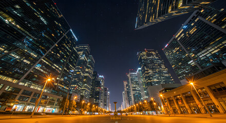 Fototapeta premium Skyscrapers towering at night under a dark sky, lit with glowing neon lights.