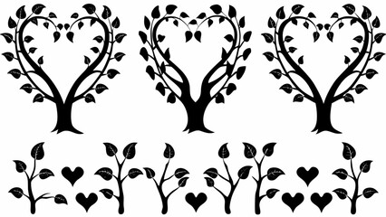Illustration of three heart shaped trees with leaves and smaller trees and hearts below them design