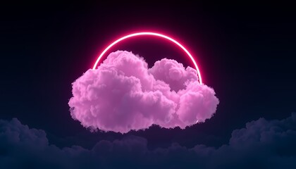 Vibrant pink cloud illuminated by a neon ring in the night sky