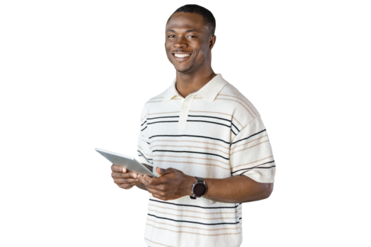 Smiling handsome african man holding and using tablet with social networks on a transparent background