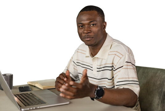 Smiling african business man having video call on a transparent background