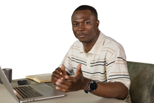 Smiling african business man having video call on a transparent background