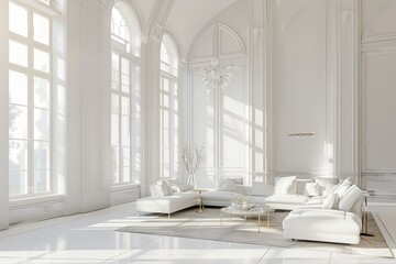 Luxury White Interior of Living Spacious Room with Elegant Chic Furniture and High Windows