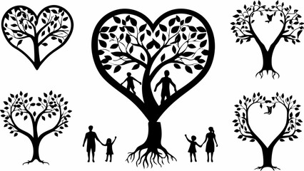 Silhouette images of heart shaped trees with families and children in a black and white vector design