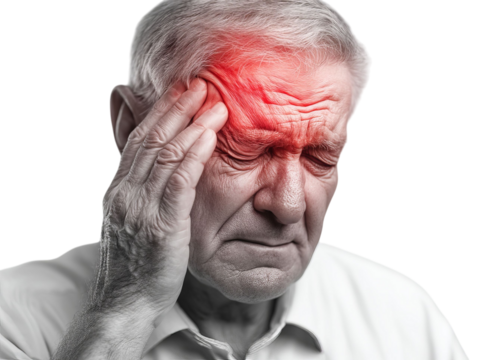PNG of Elderly Caucasian man experiencing a severe headache, showcasing signs of pain and discomfort.